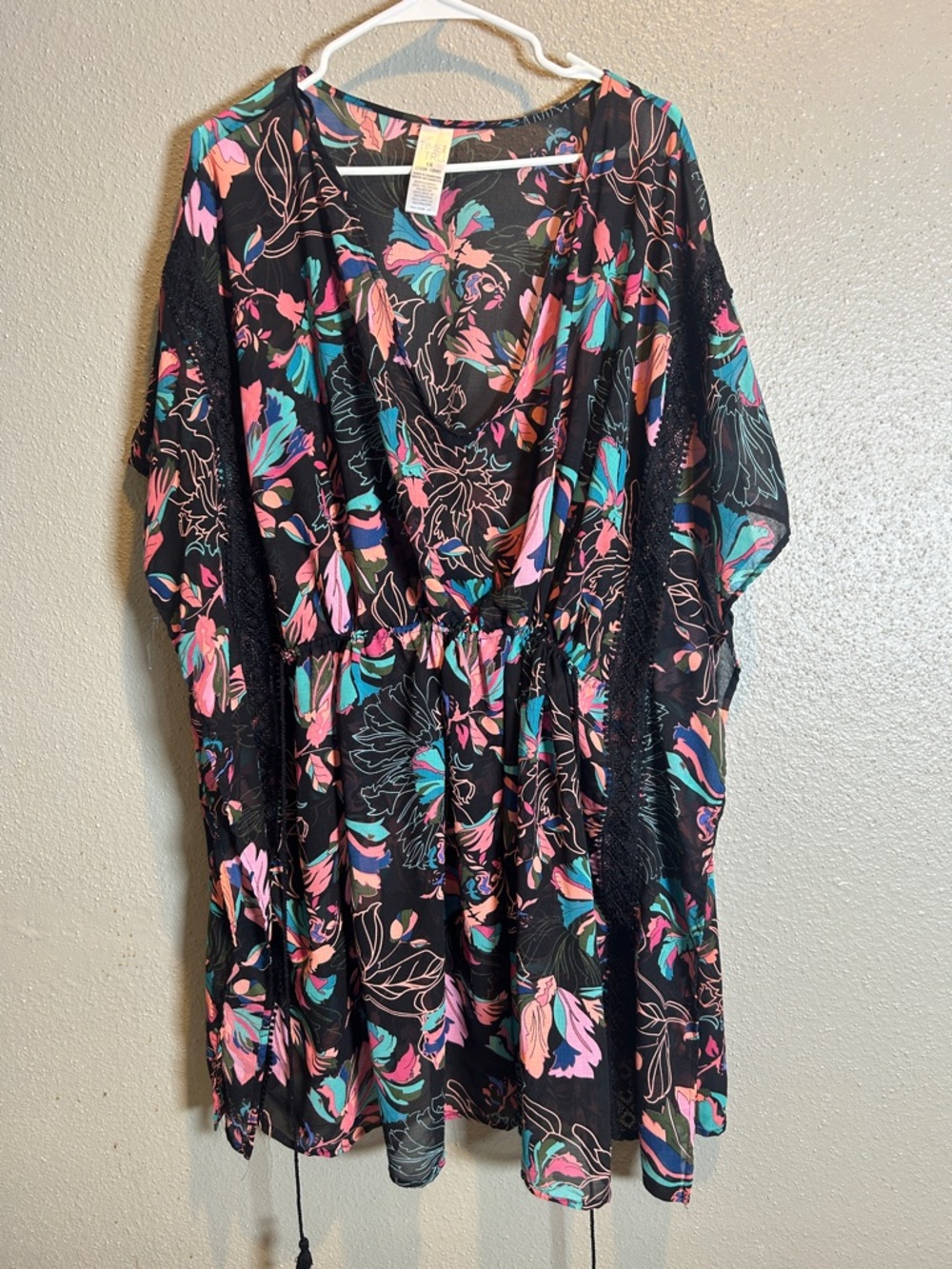 Time and Tru Black Floral Swim Coverup with Pink and Teal Accents